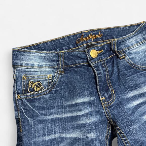 Y2K Southpole Blue Washed Denim Gold Floral Embroidered Boot-Cut Low Rise Jeans - Picture 5 of 8